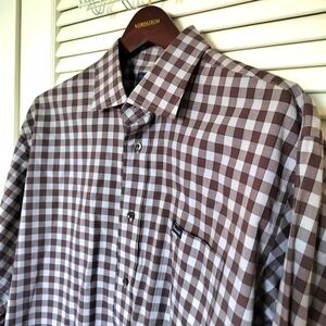 Faconnable Classique Men's 100% Cotton XL Brown Ecru Plaid Dress Shirt